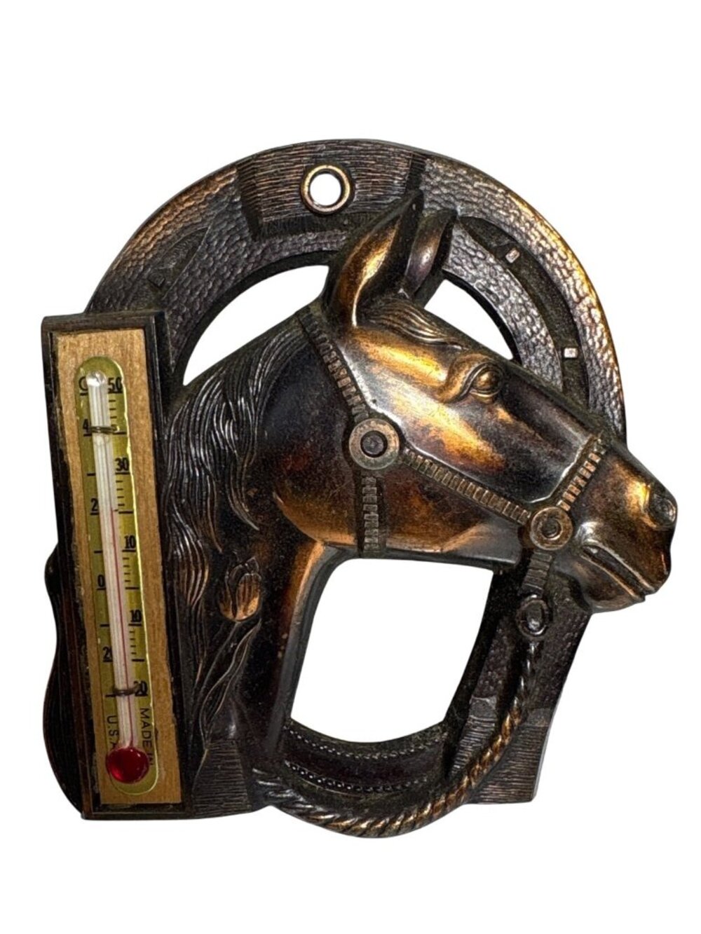 Vintage Horse Head Thermometer Horseshoe Design Copper Patina USA Wall Hanging